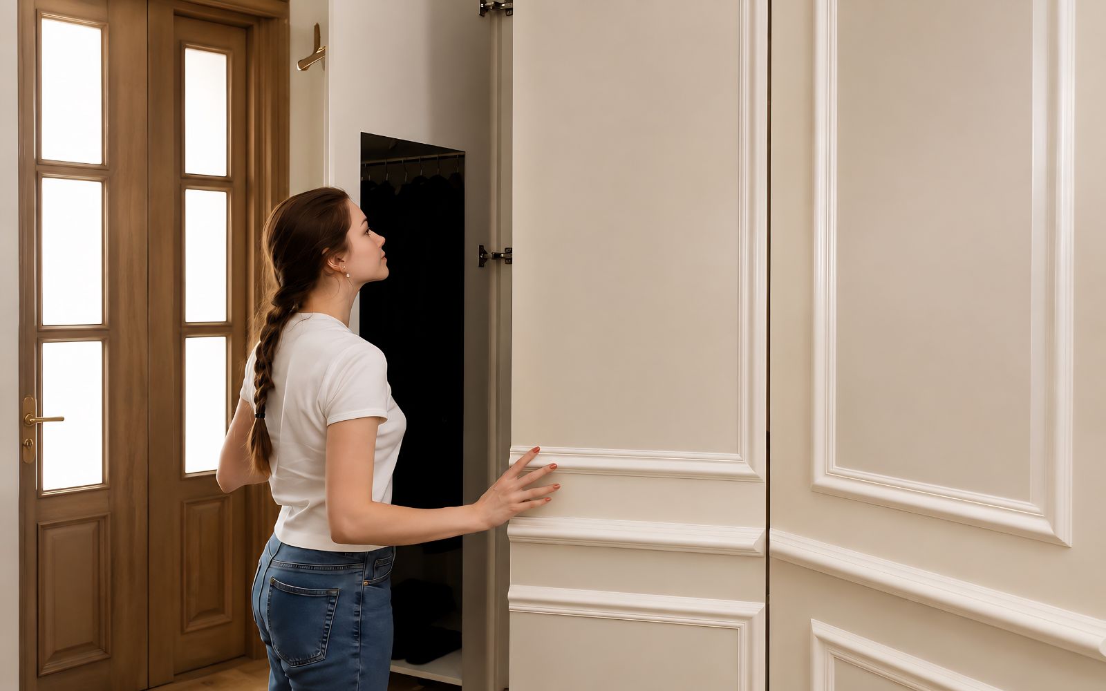 Concealed hallway wardrobe with panelled doors designed to blend into the surrounding wall panelling.