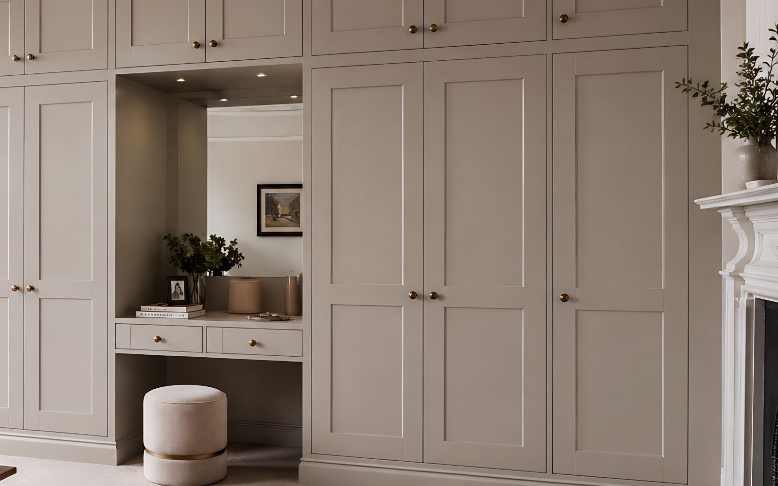 Bespoke shaker-style fitted wardrobes with overhead cupboards, brass knobs and an integrated dressing table alcove.