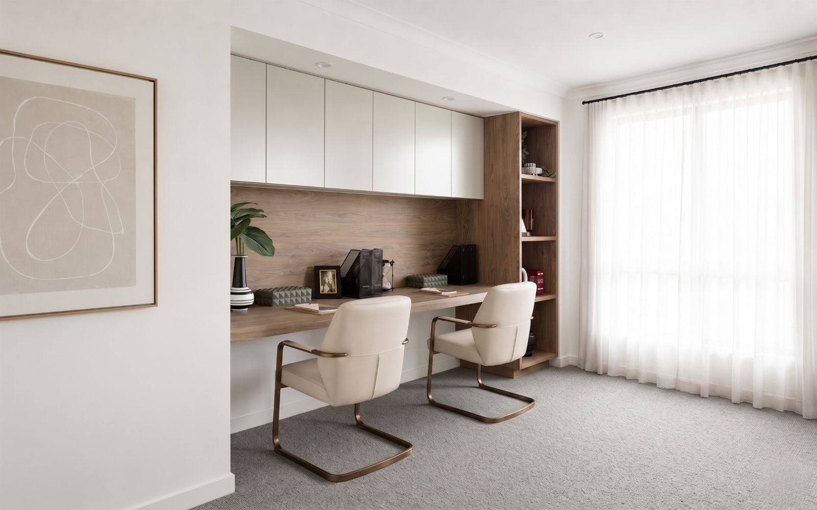 Modern two-person home office with fitted desk, white cabinets and timber shelving.