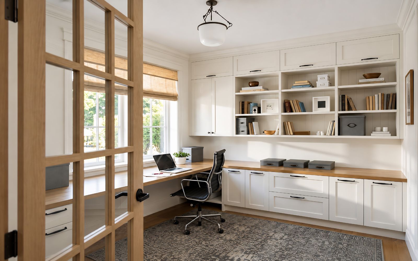 Bright bespoke home office with white fitted cabinets, timber worktop, open shelves and desk space.