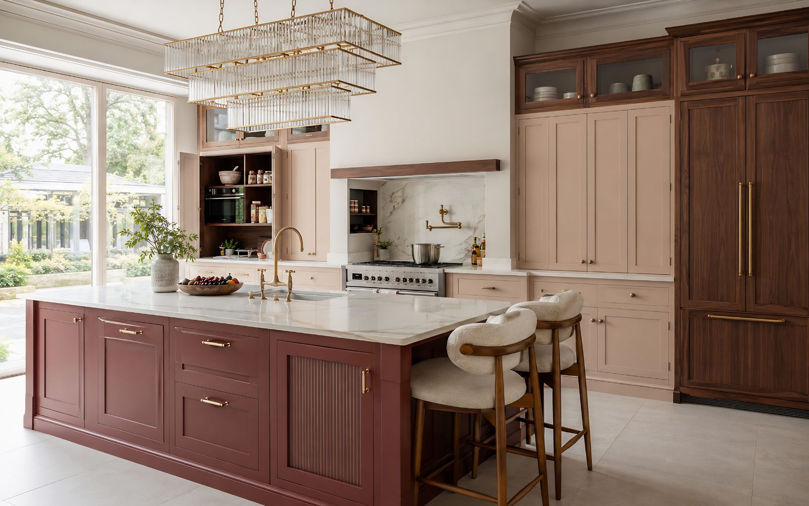 Bespoke shaker-style kitchen with painted cabinetry, timber tall units, large island, brass handles and marble-effect worktops.
