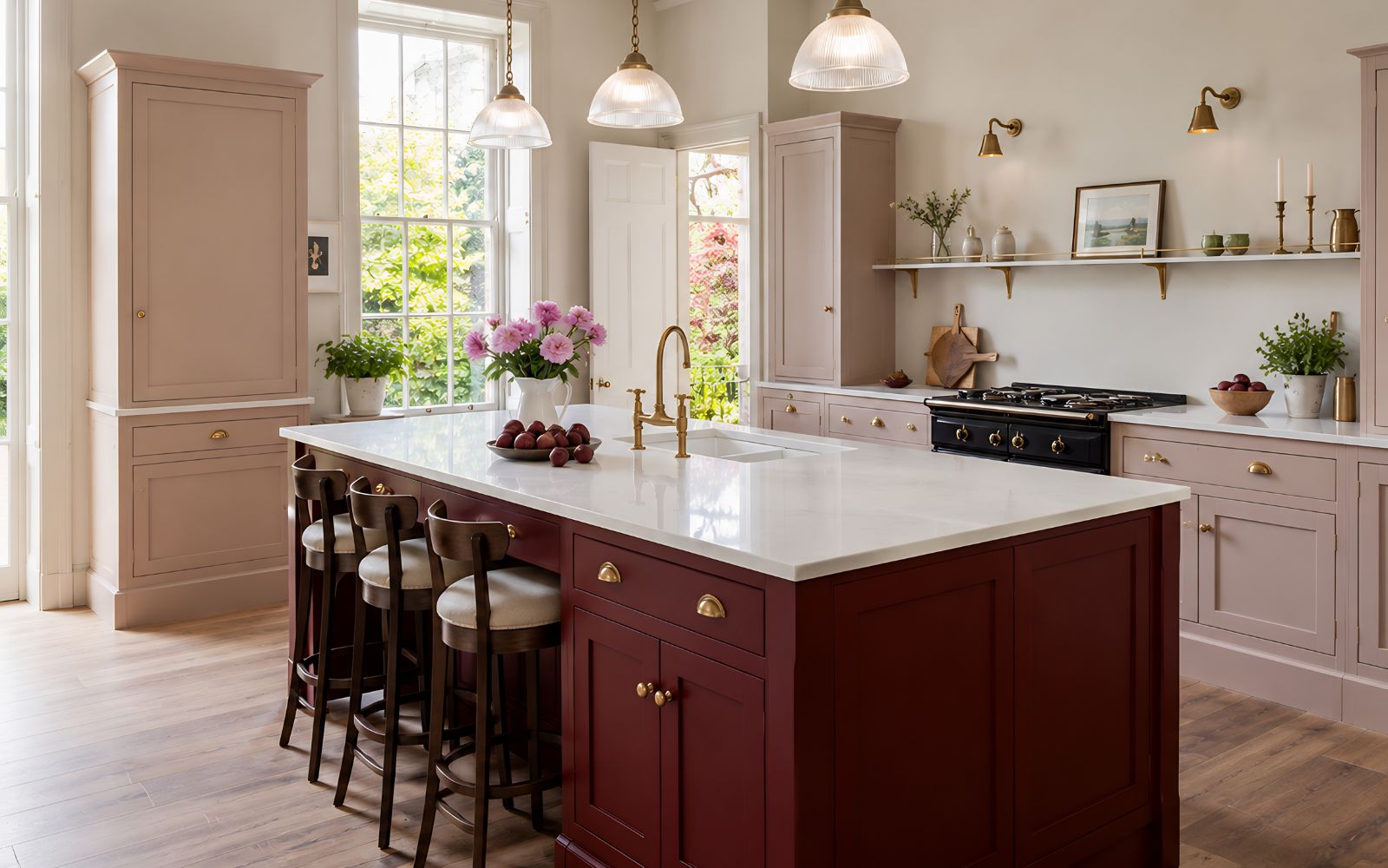 Breakfast station cabinetry with appliance storage, open shelf space and fitted doors
