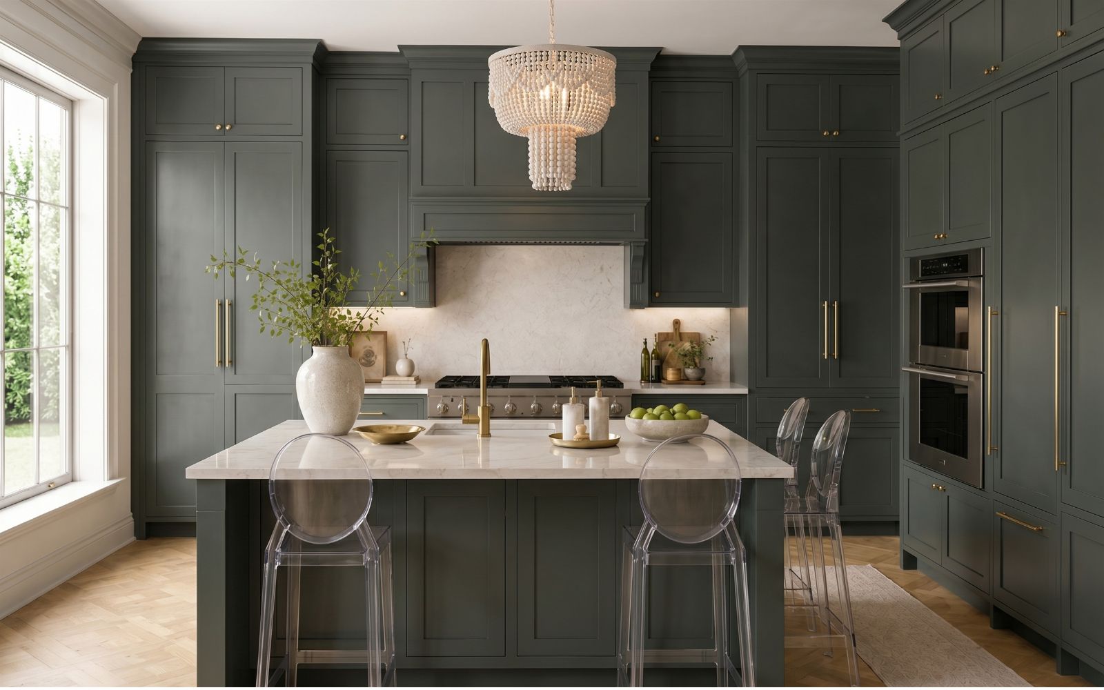 Bespoke kitchen display storage with open shelving, painted cabinetry and integrated lighting