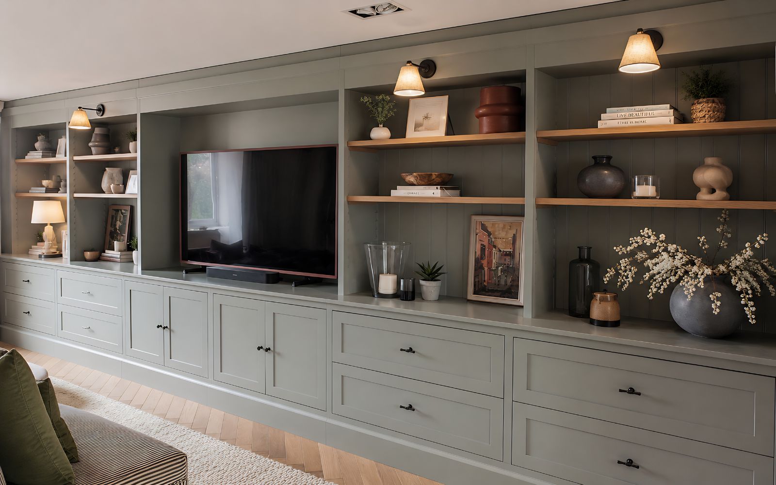 Bespoke sage-green fitted media unit with TV recess, shaker-style cabinets, drawers, open shelves and wall lights.