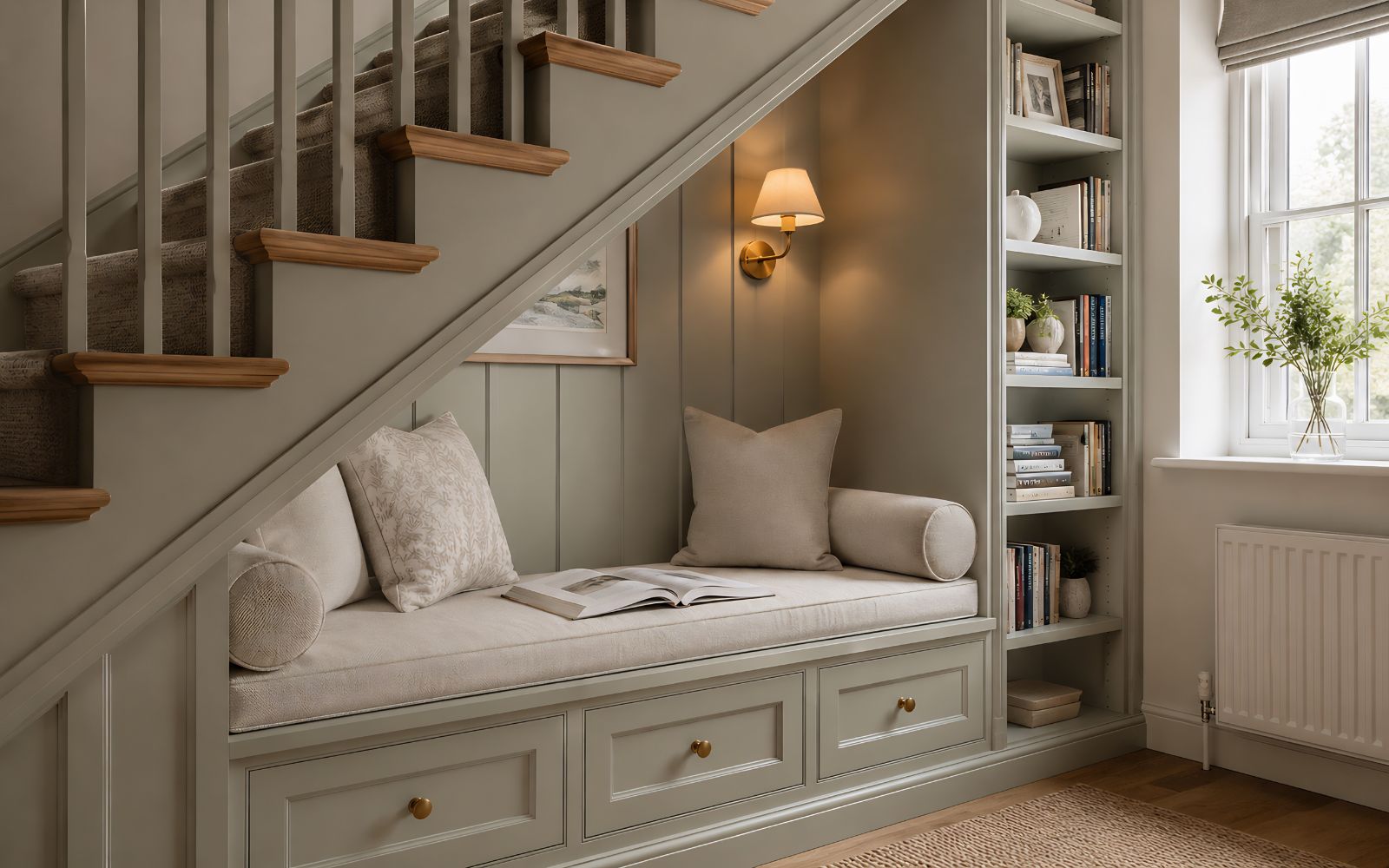 Bespoke under-stairs seating with storage drawers, upholstered cushion, panelled walls and built-in bookshelves.