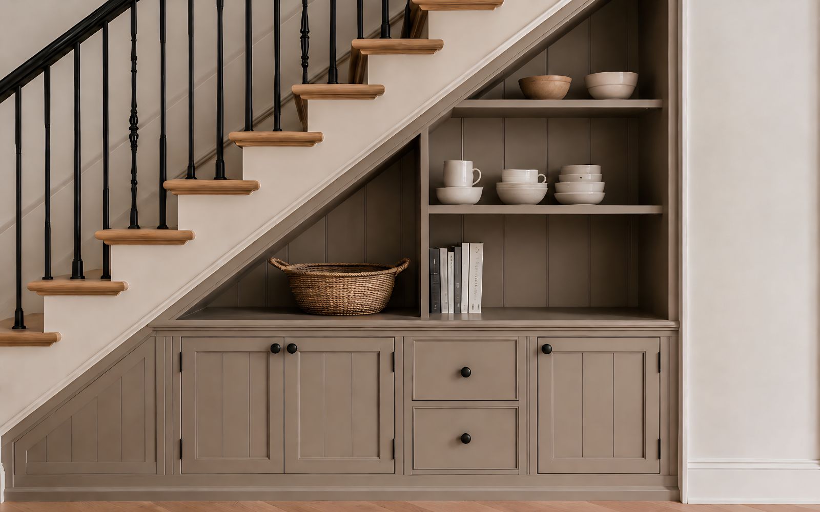 Bespoke under-stairs storage with beadboard cabinet doors, open shelves, drawers and a painted traditional finish.