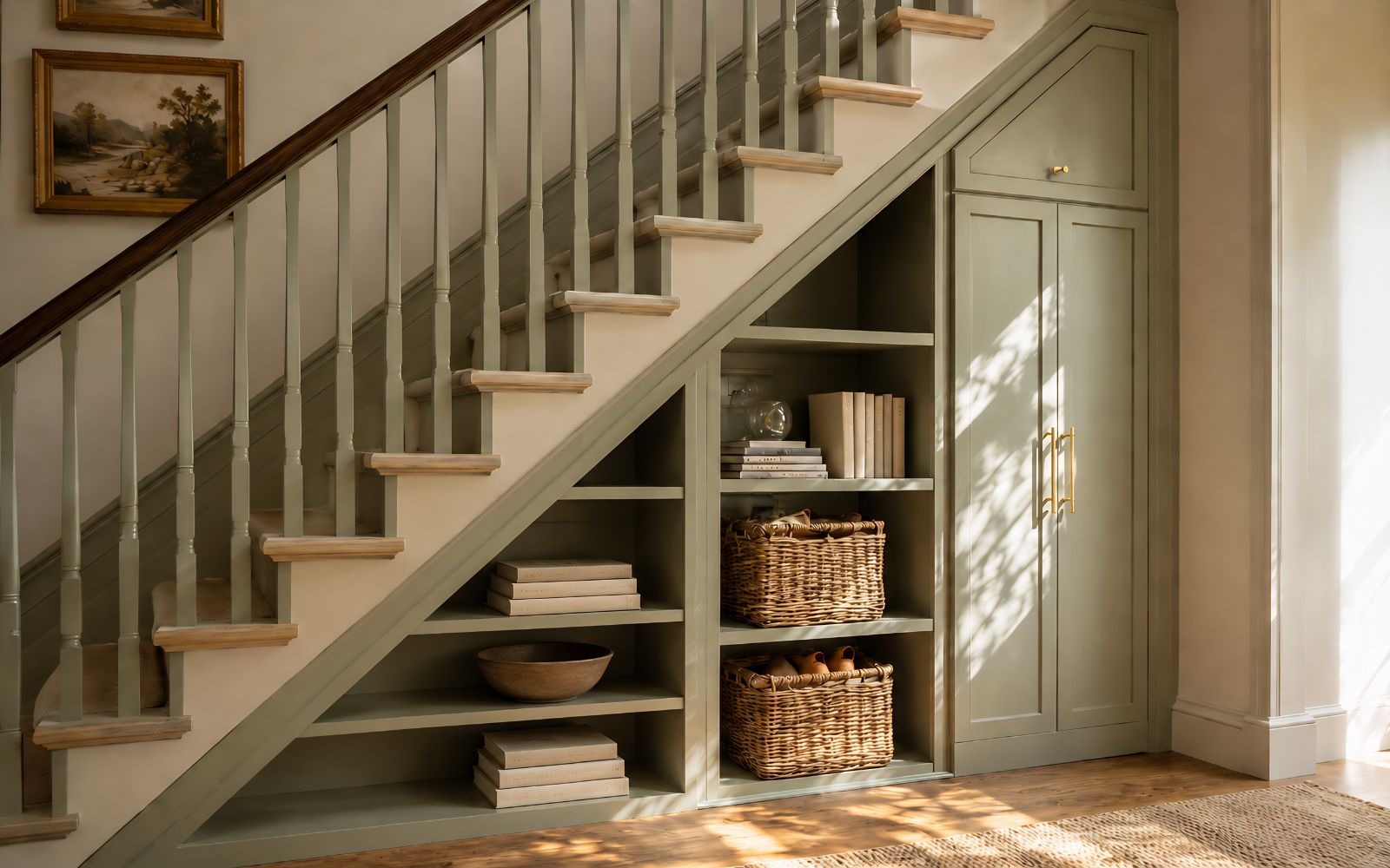 Bespoke sage green under-stairs storage with open shelves, baskets and a full-height panelled cabinet.