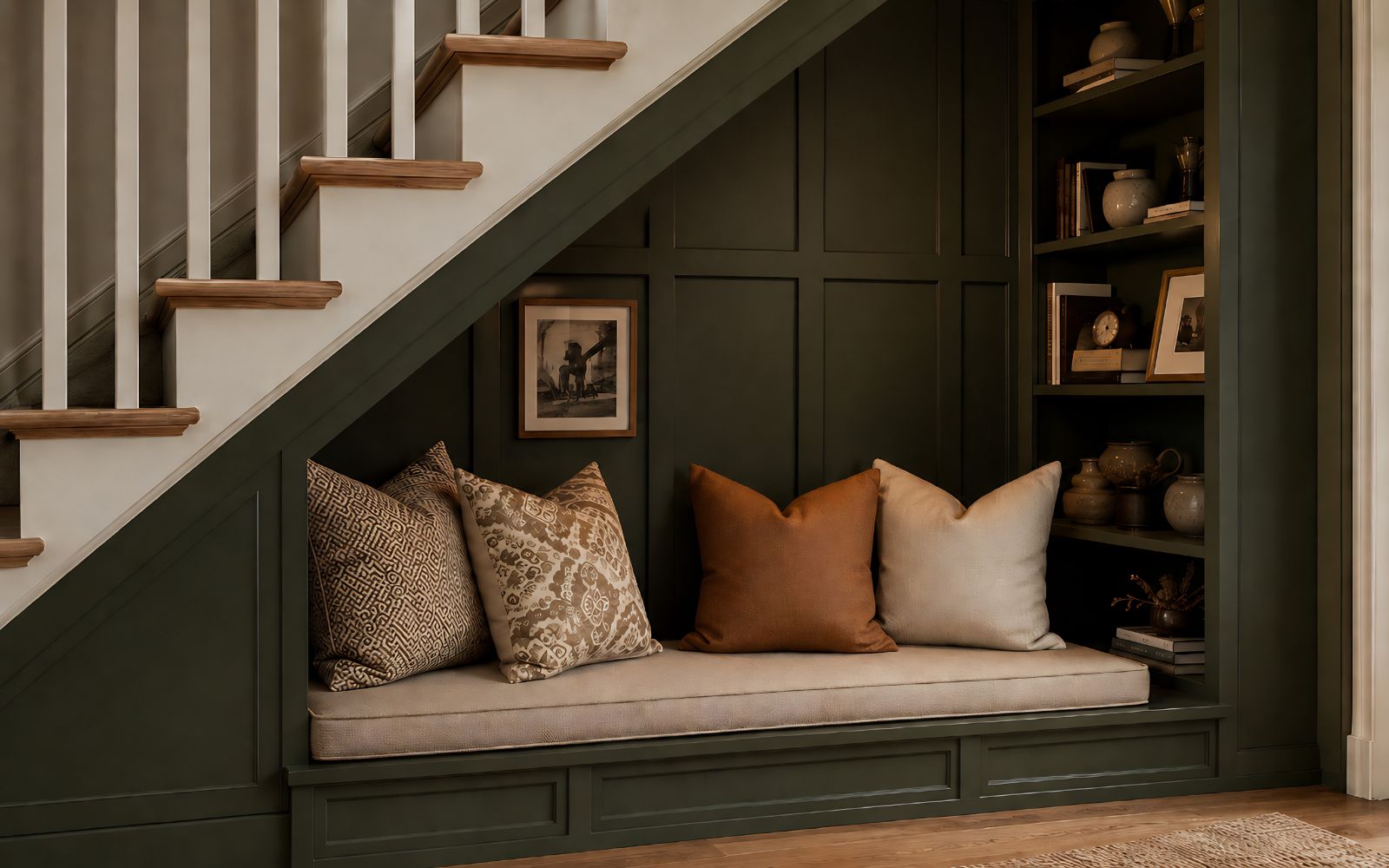 Bespoke under-stairs seating nook with dark green panelling, upholstered bench cushion, storage drawers and built-in shelves.