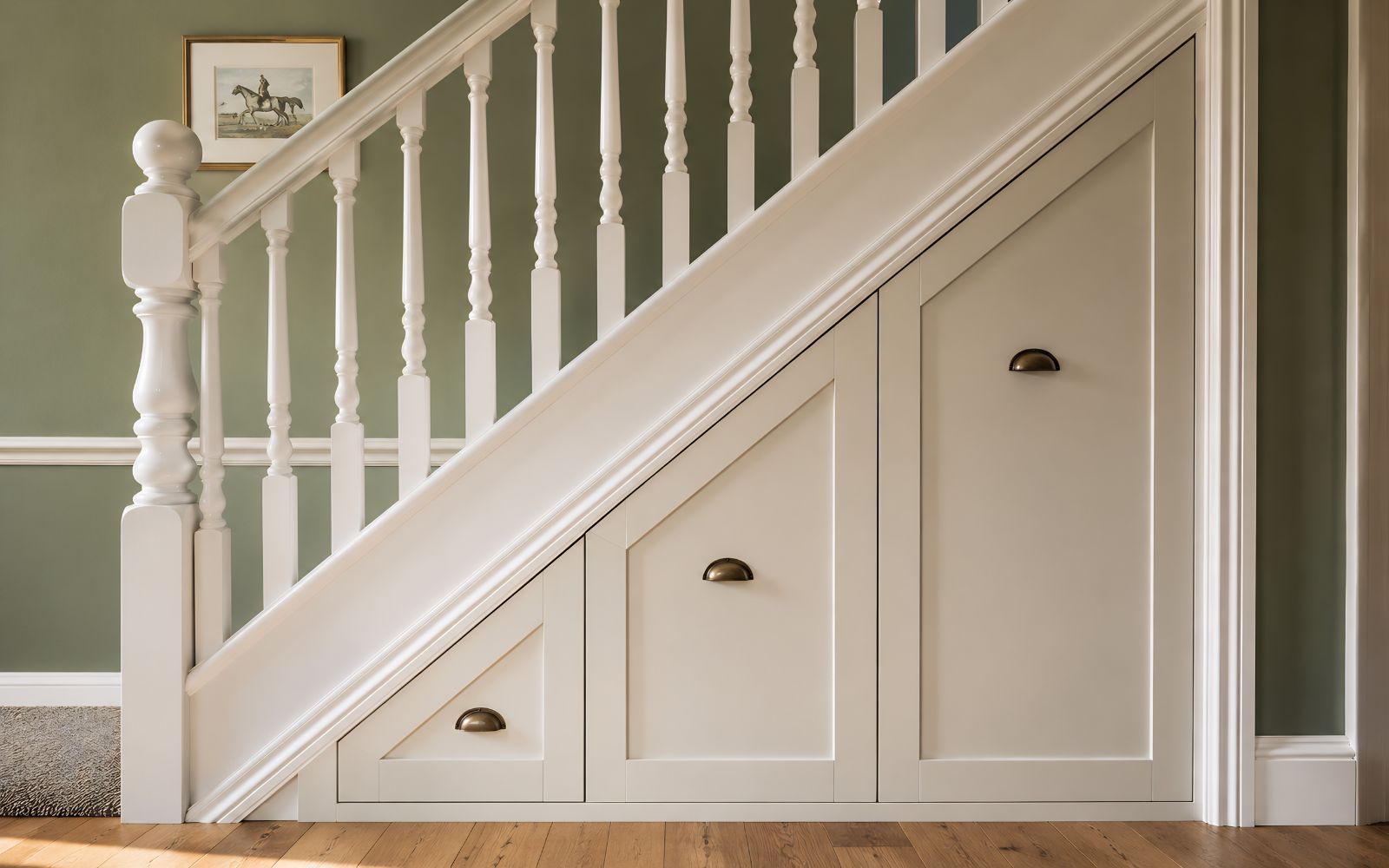 Bespoke under-stairs storage with angled shaker-style doors, painted finish and dark cup handles.