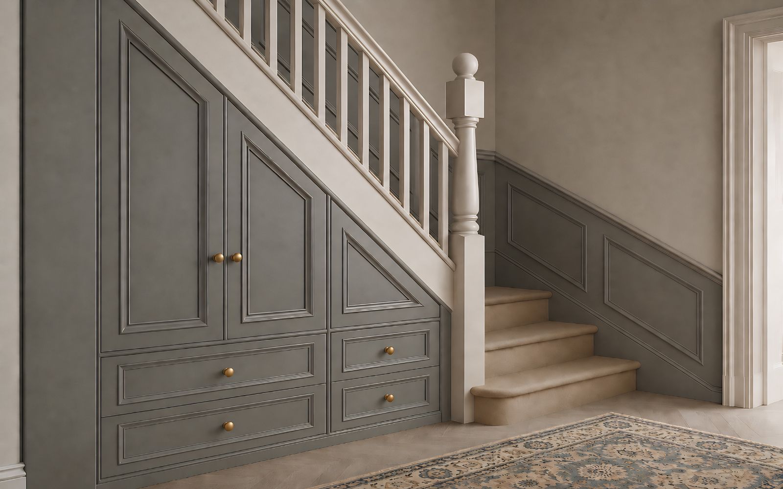 Bespoke under-stairs cabinet with panelled doors, built-in drawers and a painted traditional finish.