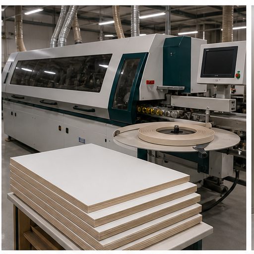 Edge banding machine applying a finished edge to furniture panels