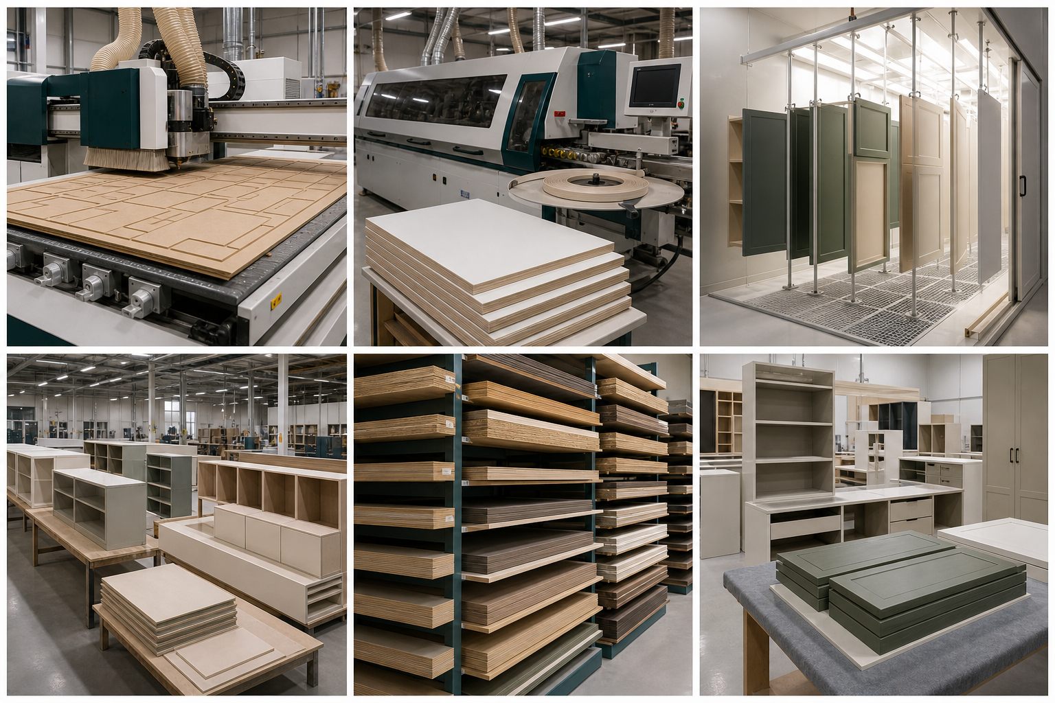 Furniture production line with CNC machining, edging, sanding, spraying, assembly, and quality checking